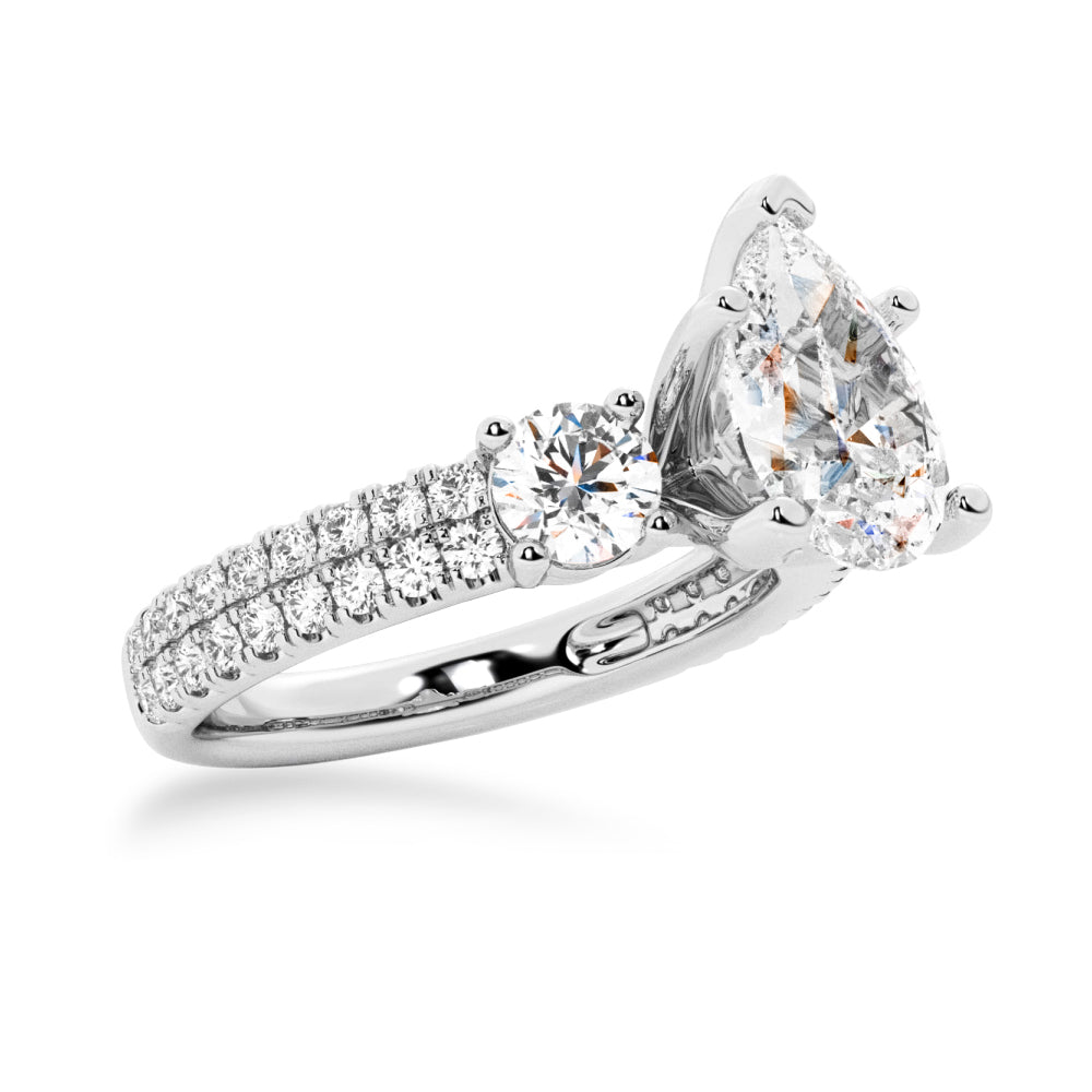 NEW Double Row Pave Three Stone Pear Shaped Moissanite Engagement Ring