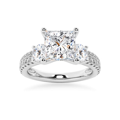 NEW Double Row Pave Three Stone Princess Cut Moissanite Engagement Ring